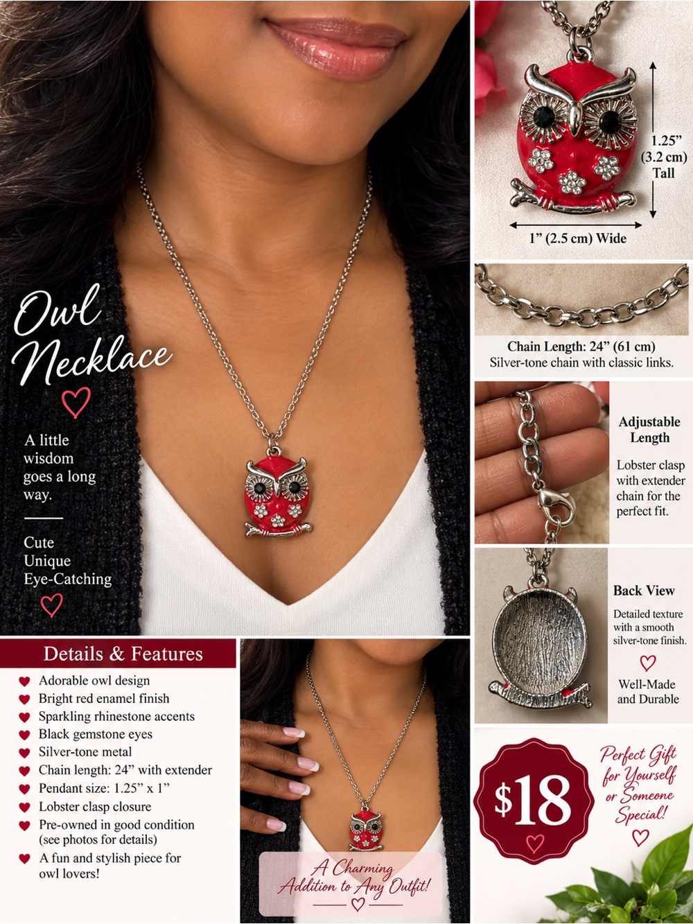 Red Enamel silver toned Owl Pendant Necklace-Rhinestone-Accents